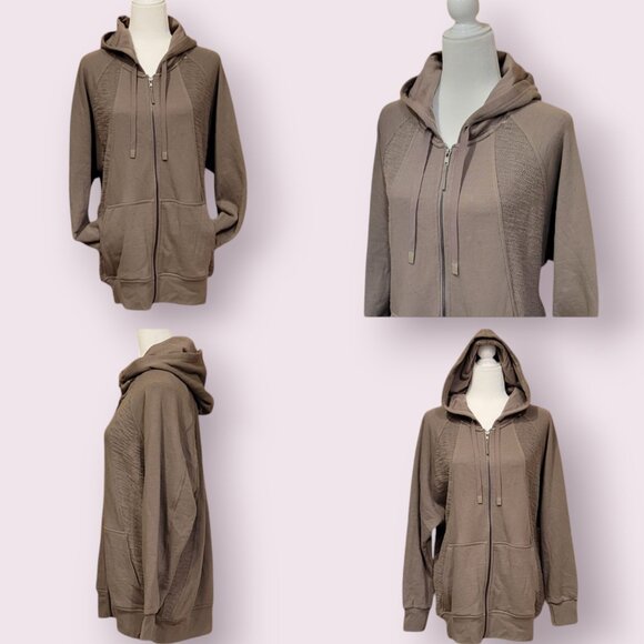 JoyLab Taupe Neutral Longline Zip Up Hooded Jacket Oversized Relaxed Fit NEW - Picture 1 of 15